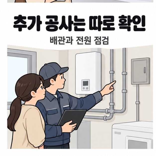 추가 공사는 따로 확인 문구 아래 설치 담당자가 소비자와 함께 다용도실의 보일러와 배관, 닫힌 분전함을 살펴보는 모습