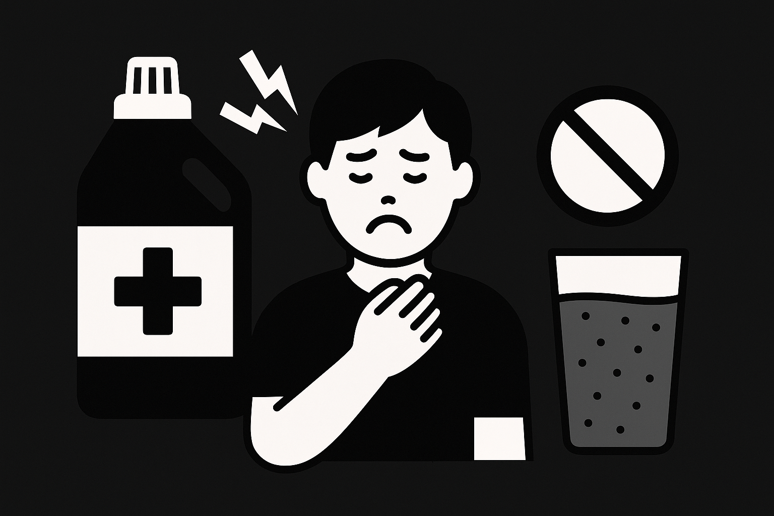 락스나 세정제를 삼킨 후 당황한 사람이 입을 감싸고 있고, 옆에는 물컵과 금지 사인이 함께 표현된 응급상황 일러스트