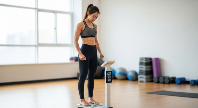 체중계 위에서 발을 올린 여성