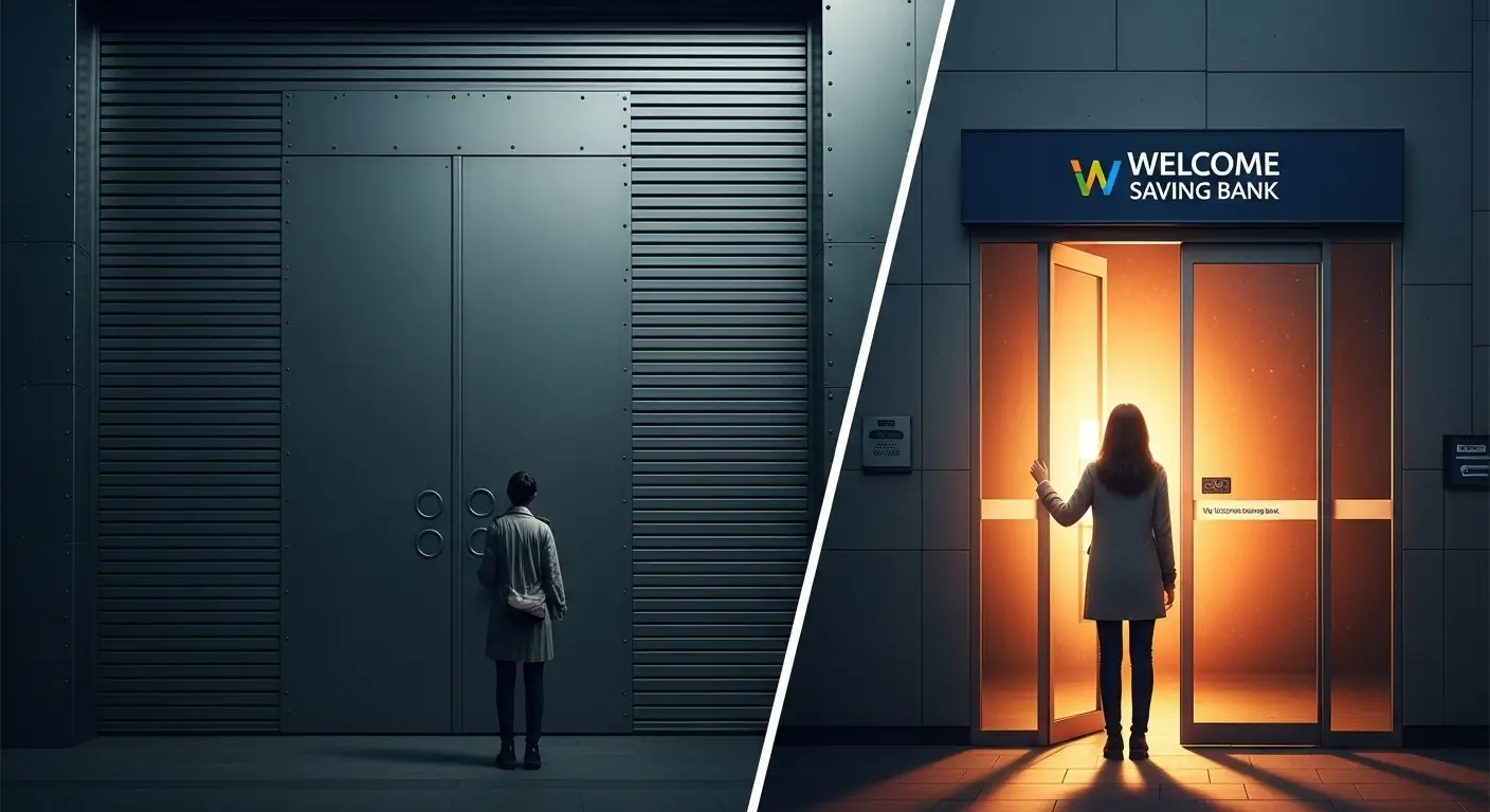 1금융권 은행 문은 닫혀있지만 옆에 있는 웰컴저축은행 문은 활짝 열려 희망을 주는 모습