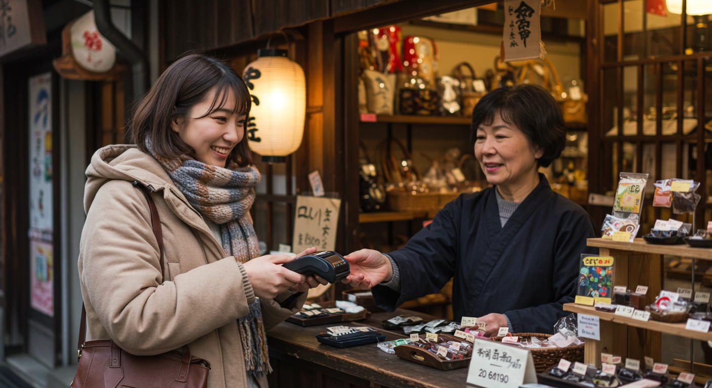 일본 가게에서 신용카드로 결제하는 귀여운 한국인 여성