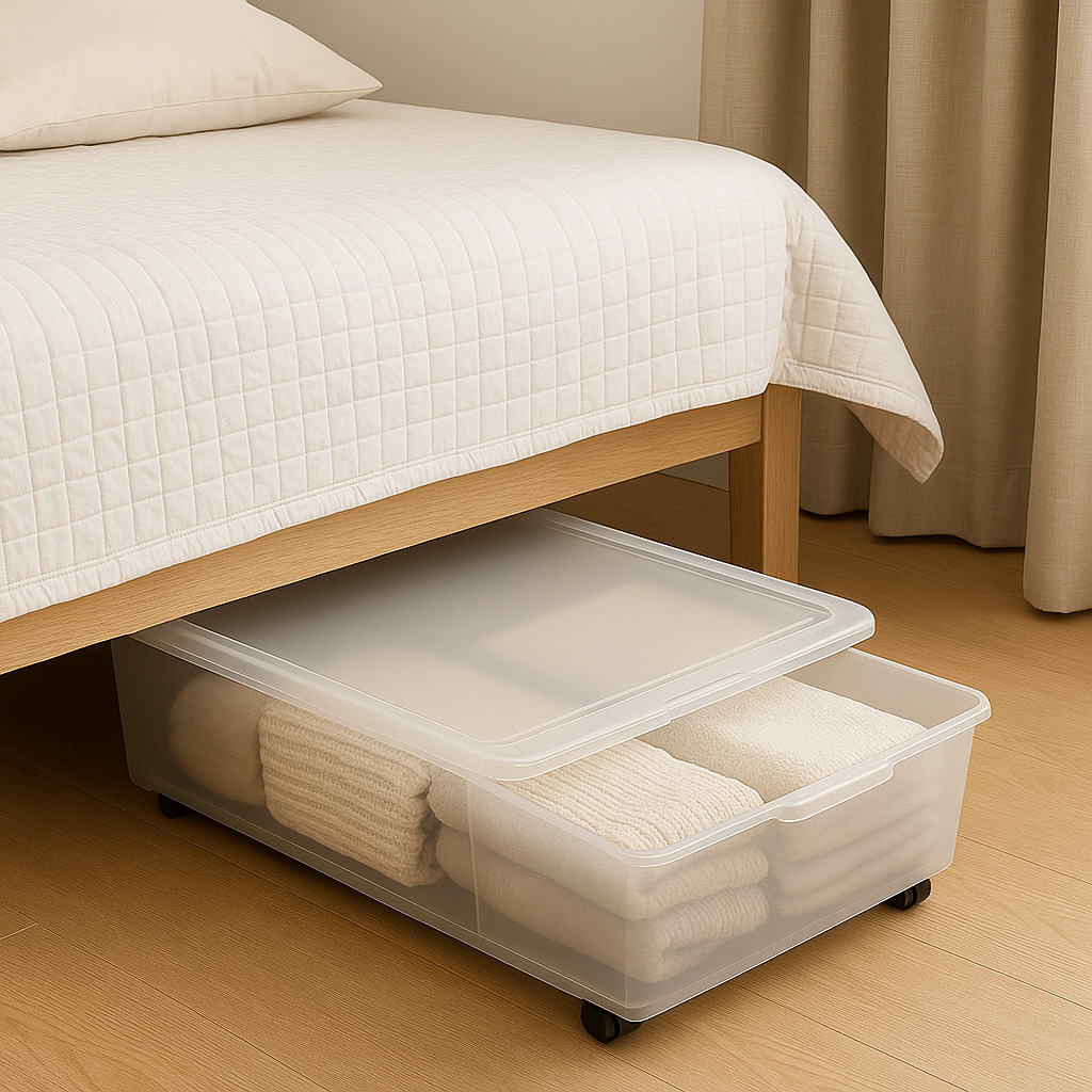침대 밑에 바퀴형 수납 박스가 들어가 계절 이불이 보관된 모습