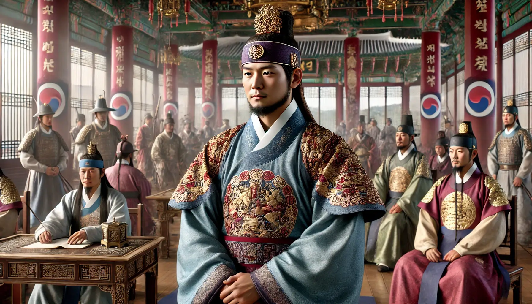 주변에는 조언자들과 신하들이 있으며, 그가 시도한 정책들과 내부의 갈등을 반영하고 있습니다. 배경에는 외부의 압박을 상징하는 군대나 함선의 모습도 보입니다.