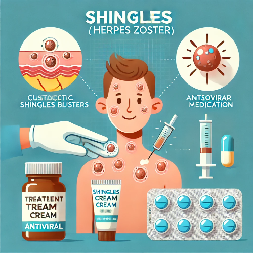 대상포진 환자가 약물치료, 예방접종을 표현하는 이미지