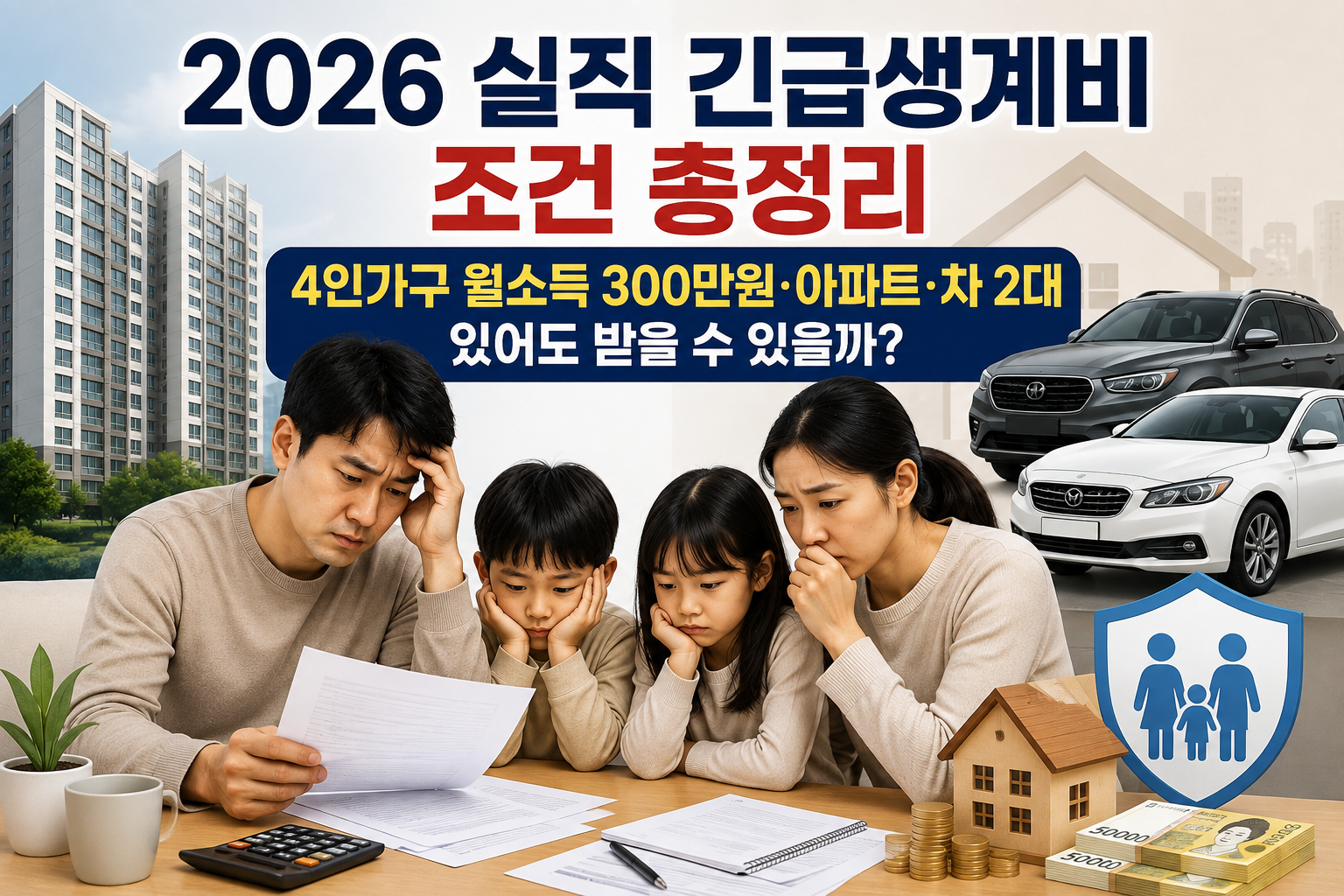 2026 실직 긴급생계비 조건 총정리｜4인가구 월소득 300만원&middot;아파트&middot;차 2대 있어도 받을 수 있을까? 관련 사진