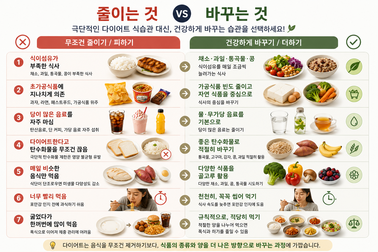 다이어트에서 음식을 무조건 줄이는 식습관과 건강하게 바꾸는 식사 습관 비교