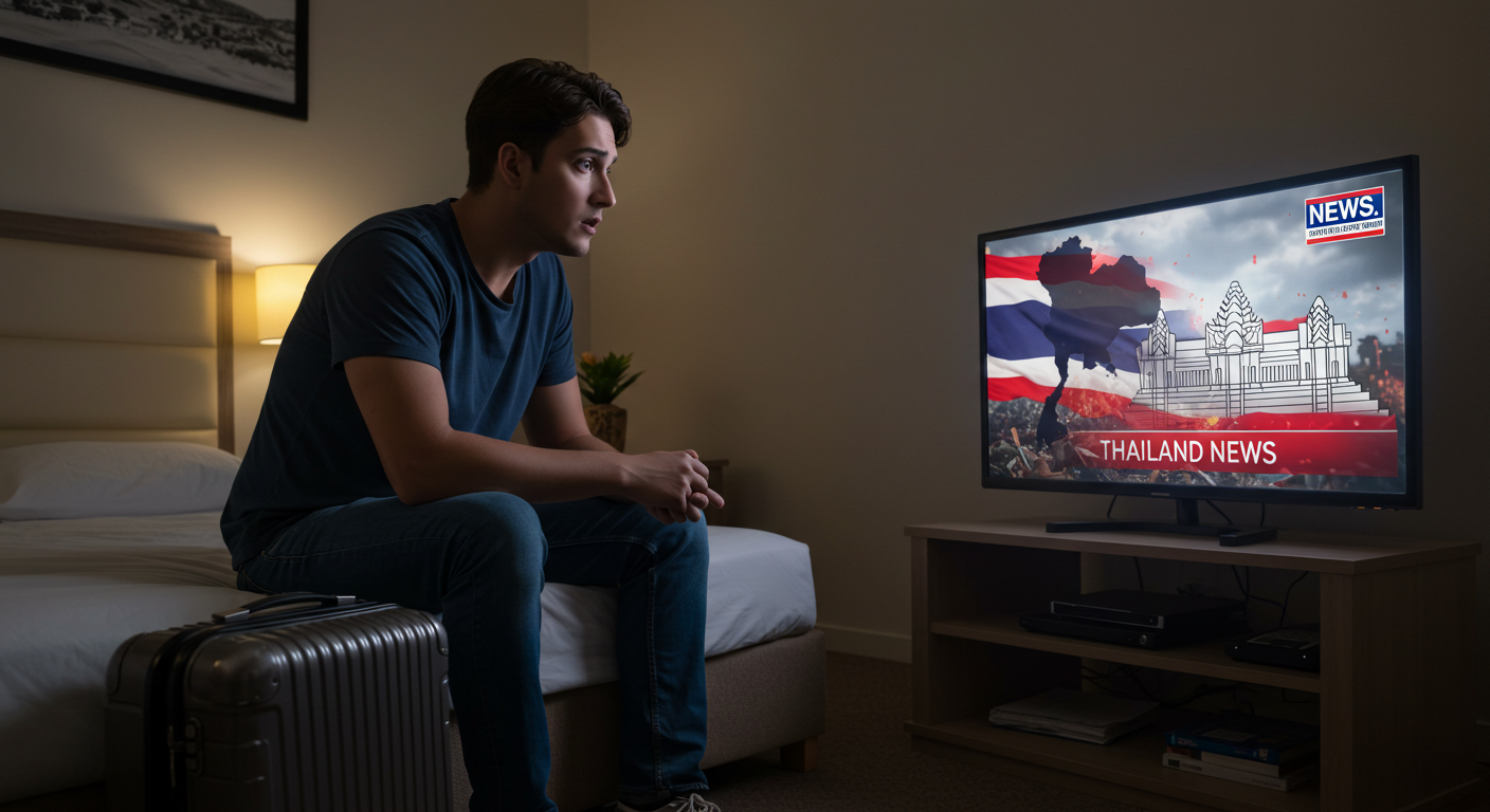 숙소 침대에서 태국-캄보디아 전쟁 뉴스를 보며 고민하는 여행객