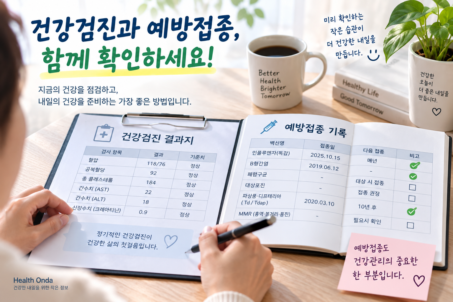 건강검진과 성인 예방접종 기록 점검을 설명하는 그림