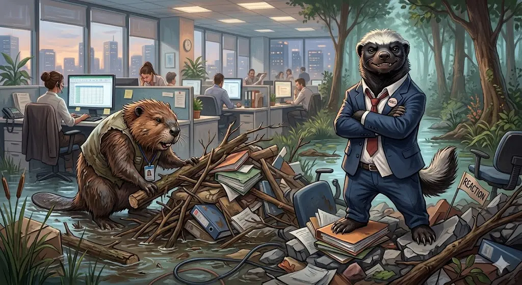 소설 동물의 세계 속 비버와 벌꿀오소리가 현대인의 번아웃과 일탈을 상징하는 감성적인 일러스트