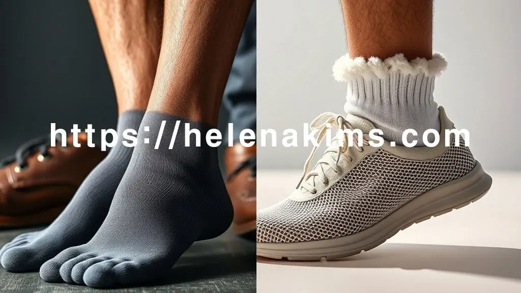 왼쪽: 발에 꽉 끼는 땀으로 축축한 어두운 컬러의 합성 섬유 양말을 신은 발과, 통풍이 전혀 되지 않는 가죽 구두가 답답하게 클로즈업되어 있다. 양말 위로는 미세하게 습기가 서린 듯한 효과를 추가하여 답답함과 불쾌감을 강조한다.
오른쪽: 하얗고 뽀송한 면 또는 울 소재의 양말을 신은 발과, 메시 소재로 통풍이 잘 되는 가볍고 편안한 운동화가 밝고 쾌적한 느낌으로 함께 놓여 있다.