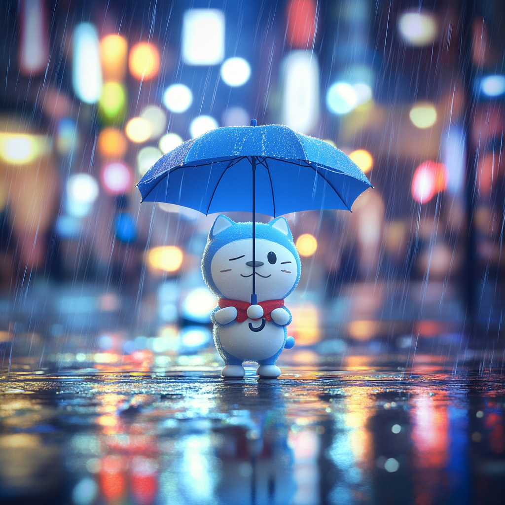 홍수가 나서 우산쓰고 피하고있는 고양이