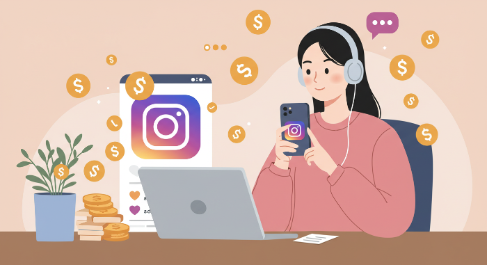 팔로워 수는 적지만 인스타그램을 통해 제휴 링크 수익을 얻고 있는 콘텐츠 제작자의 일러스트