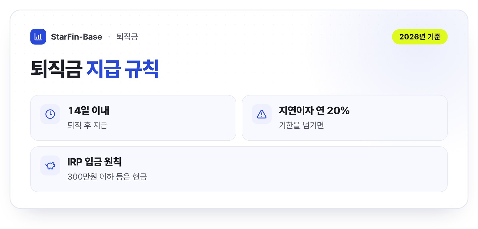 퇴직금 지급 규칙 - 퇴직 후 14일 이내 지급, 넘기면 연 20% 지연이자, 원칙적으로 IRP 계좌 입금, 300만원 이하 등은 현금 수령