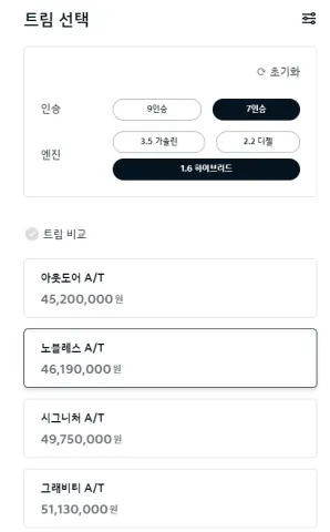 카니발 견적 내기 - 트림 선택