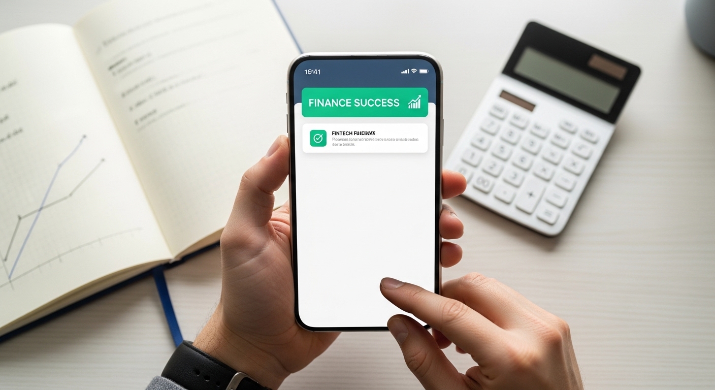 A top-down view of a hand holding a smartphone showing a Finance Success notification, next to a notebook and a calculator. Modern fintech aesthetic.