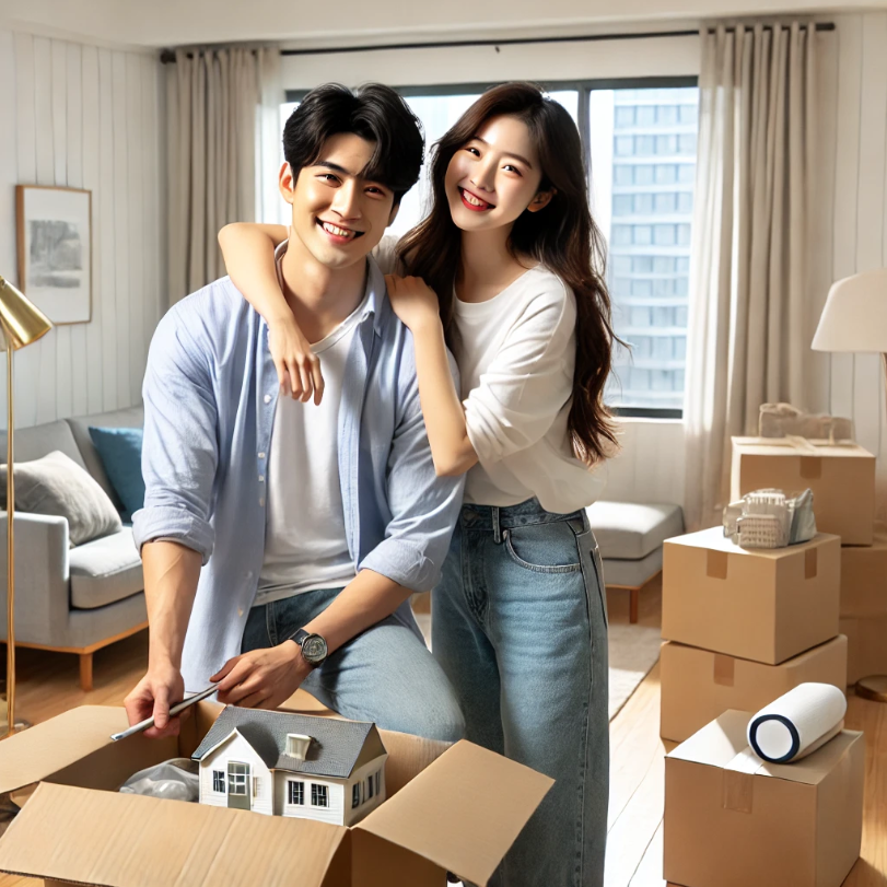 신혼부부가 설레는 마음으로 새 집을 꾸미며 행복한 미래를 준비하는 모습