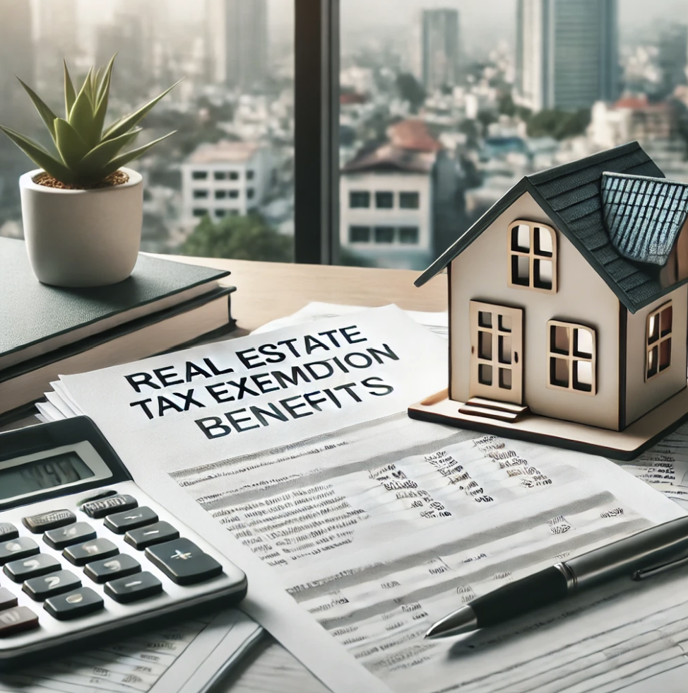 모형주택과 세금서류가 놓인 책상