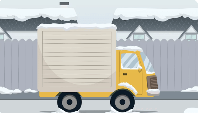 겨울철 눈이 쌓인 주택가를 달리는 노란색 중고 화물차 일러스트