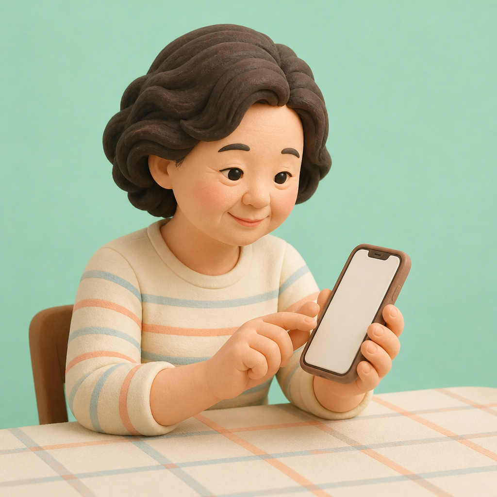 부엌 식탁에서 휴대폰 메모 앱을 넘겨 보는 50대 여성