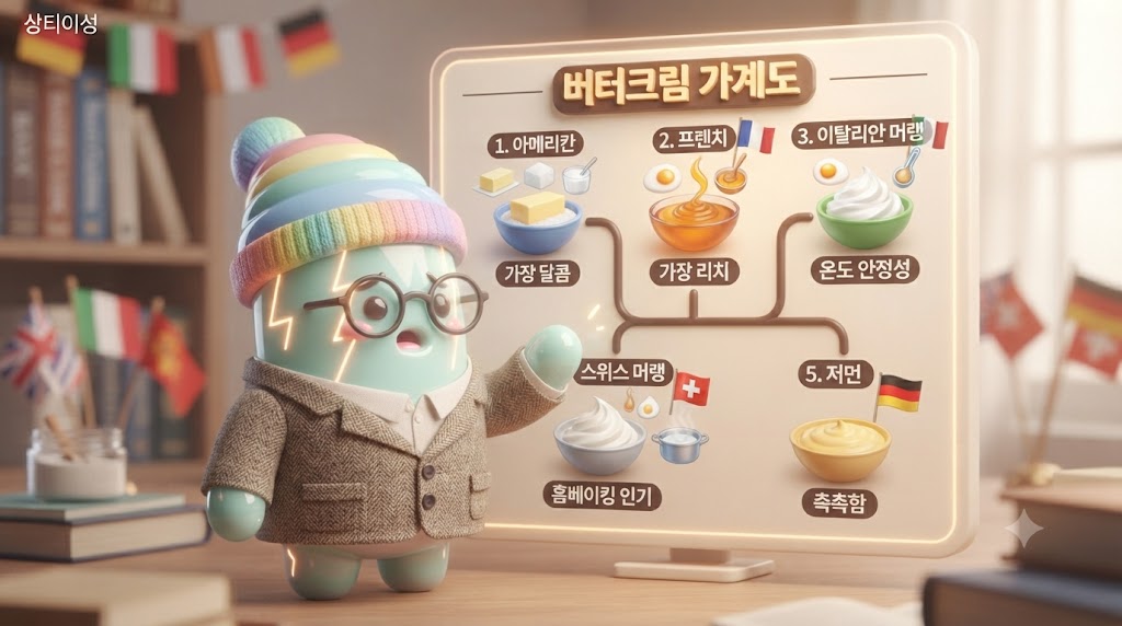 쫀쿠가 '버터크림 가계도' 연구소에서 다섯 개의 서로 다른 버터크림 샘플을 비교 분석하고 있습니다. 각 크림(아메리칸, 프렌치, 이탈리안 머랭, 스위스 머랭, 저먼)의 특징과 제조 방식(불 사용 유무, 달걀 종류)이 홀로그램으로 명확하게 분류되어 설명됩니다. 쫀쿠는 프렌치 버터크림의 럭셔리함에 감탄하고 있습니다.