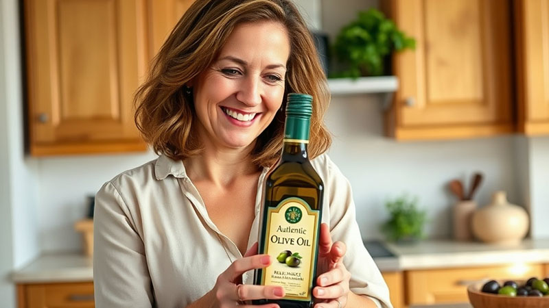 올리브 오일 라벨 보는 중년 여성