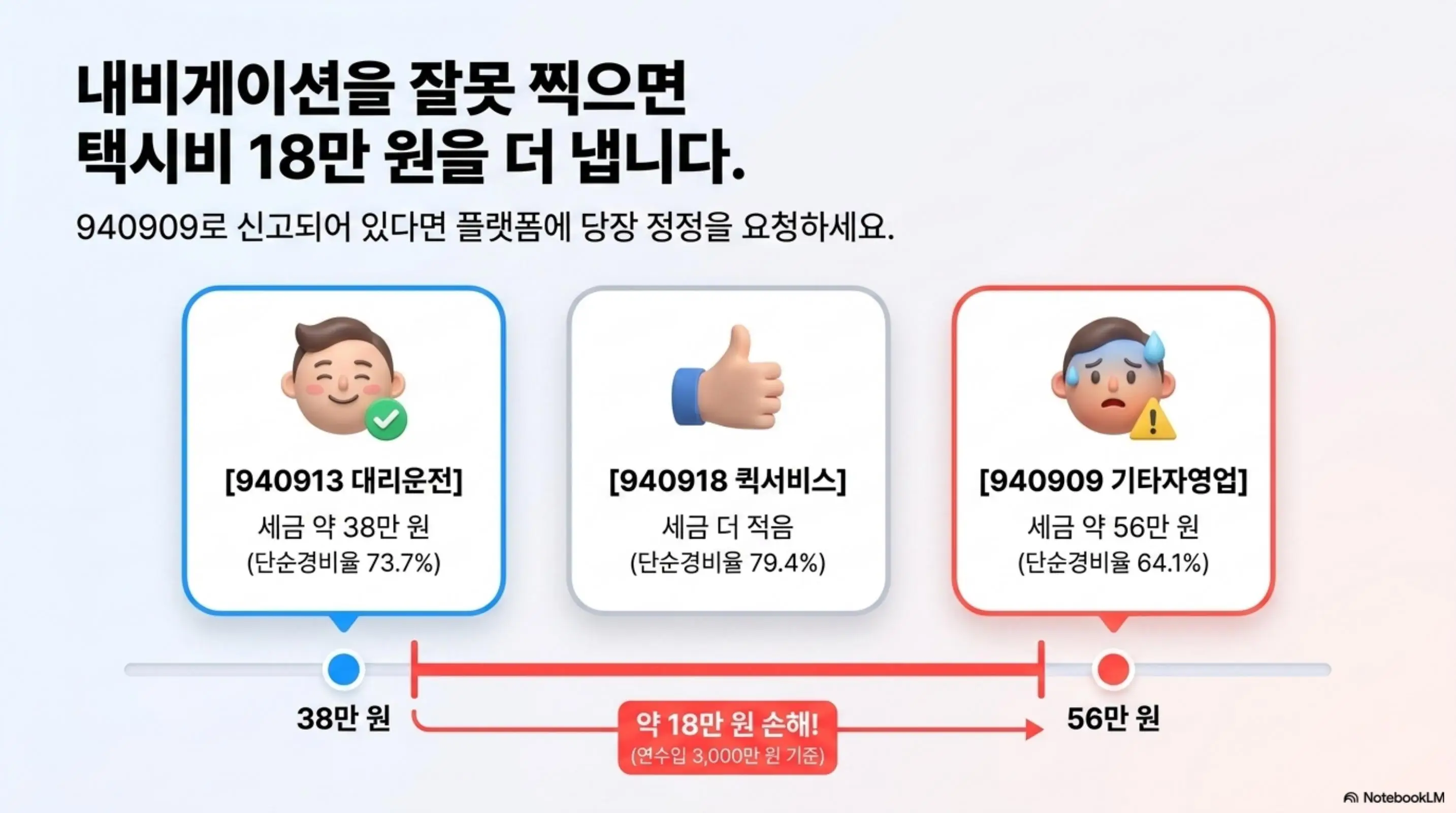 대리기사 종합소득세 업종코드: 대리기사 업종코드 940913과 940918과 940909의 단순경비율별 세금 차이를 비교하는 인포그래픽. 940913 대리운전 세금 약 38만 원(단순경비율 73.7%)과 940918 퀵서비스 세금 더 적음(79.4%)과 940909 기타자영업 세금 약 56만 원(64.1%)이 카드 형태로 나란히 배치되어 연수입 3000만 원 기준 약 18만 원 손해가 발생할 수 있음을 보여주는 이미지