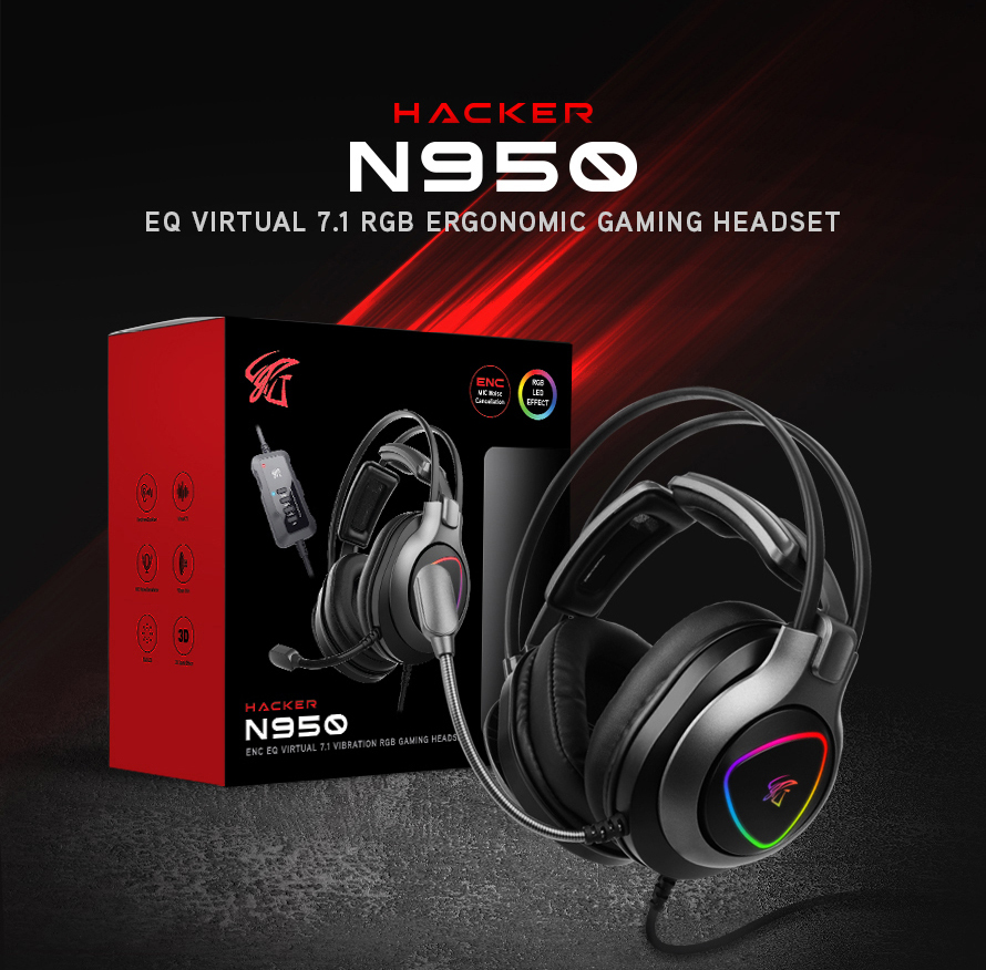 ABKO HACKER N950 하드웨어 EQ 가상 7.1 RGB 진동 게이밍 헤드셋