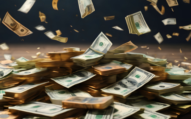 돈다발이 떨어지고 있다.