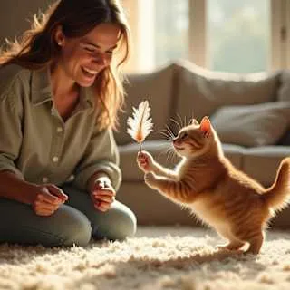 반려묘와 놀아주는 주인의 모습