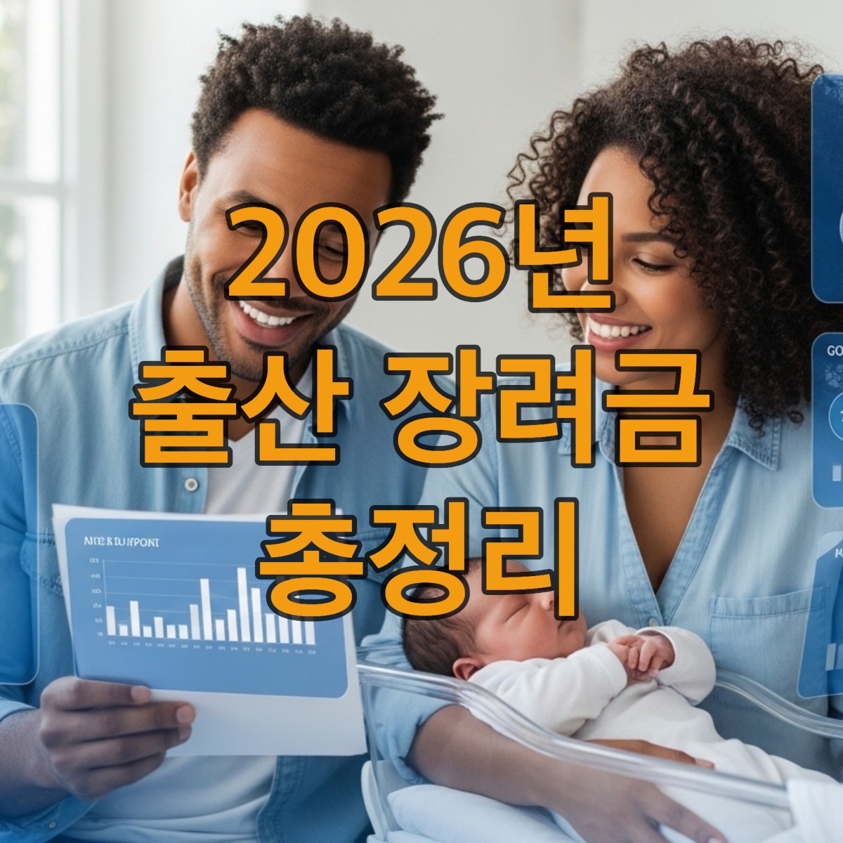 2026년, 신생아를 안고 미소 짓는 부부가 출산 장려금 지원 정책을 확인하며 행복해하는 모습.