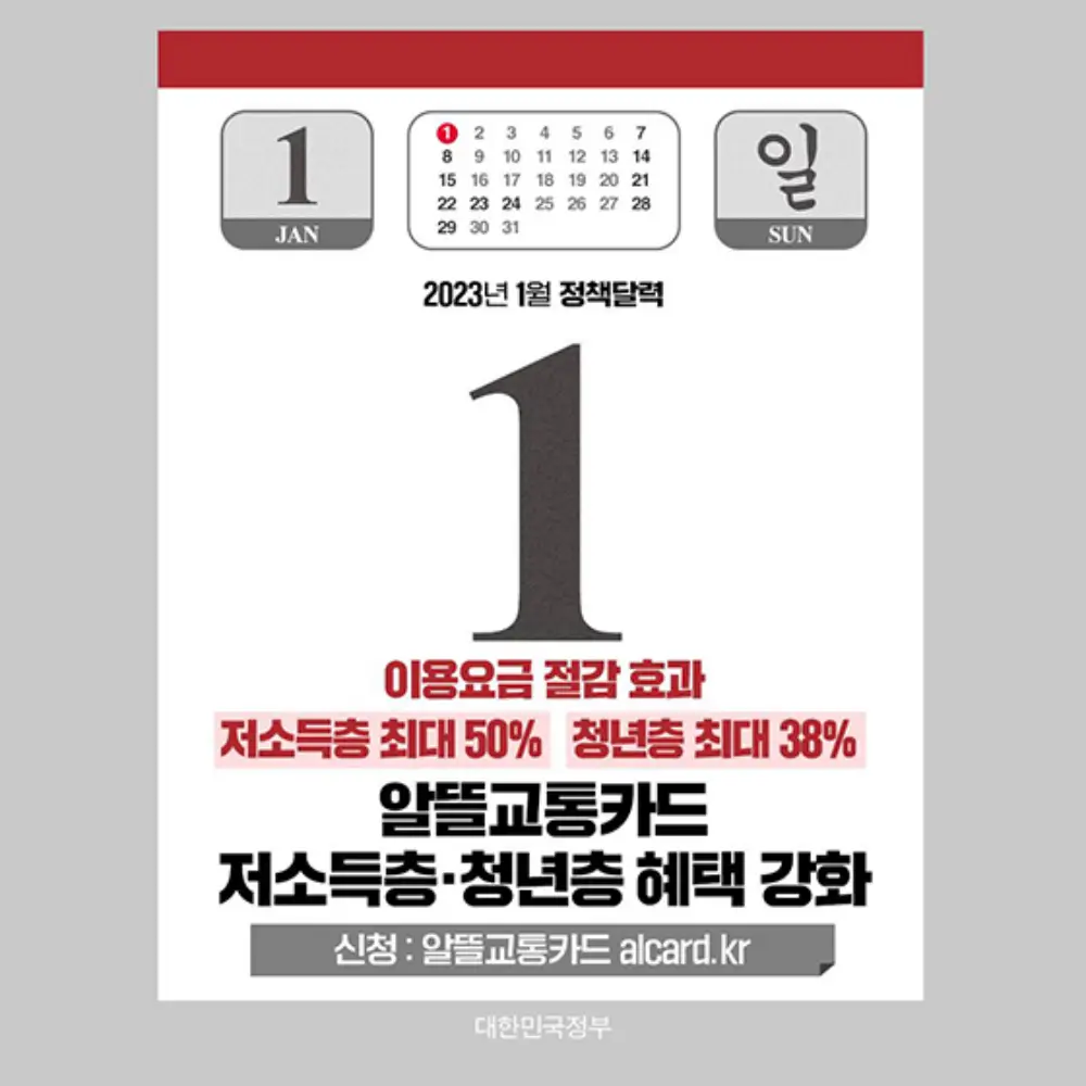 알뜰교통카드 저소득층&middot;청년층 혜택 강화 문구가 있는 달력