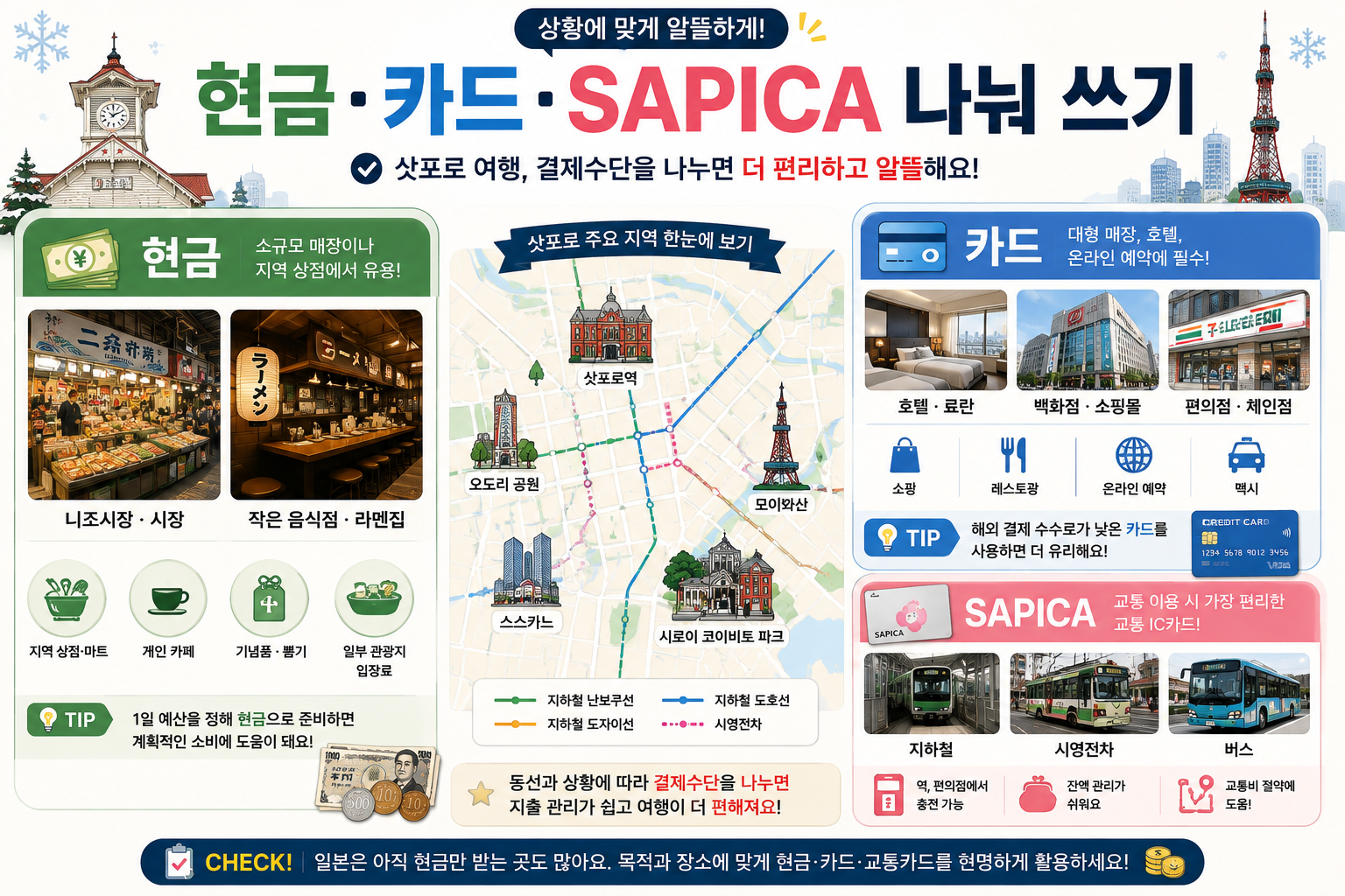 삿포로 여행경비를 엔화 현금 카드 SAPICA로 나누는 방법을 보여주는 이미지