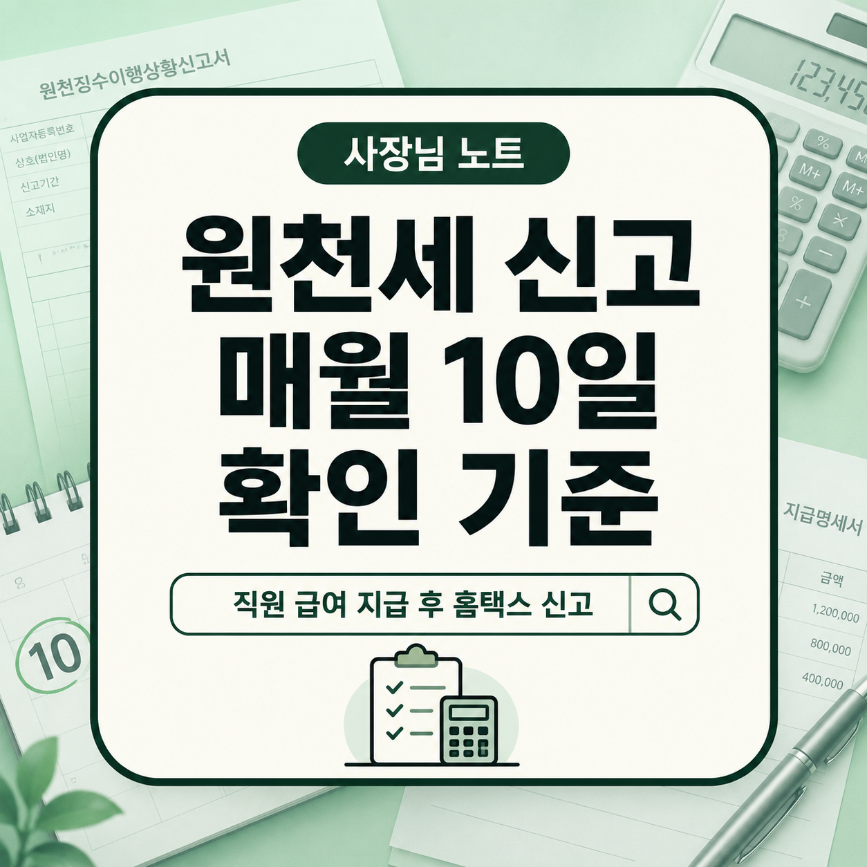 원천세 신고 방법과 직원 급여 지급 후 매월 10일 홈택스 신고 기준을 정리한 사장님 노트 대표 이미지