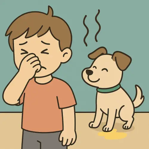 소변 냄새가 심한 듯 코를 막고 있는 아이