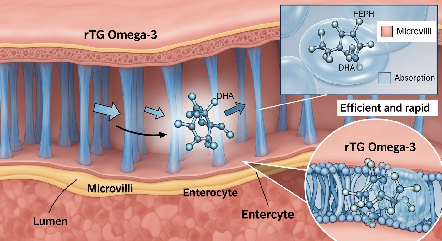 rTG 오메가3 캡슐이 소장 벽을 통해 빠르게 흡수되는 과학적 과정 이미지