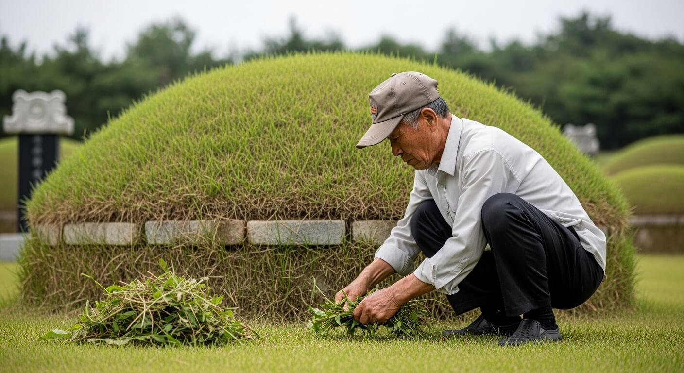 봉분 묘지 앞에서 잡초를 손으로 모으는 노인 남성