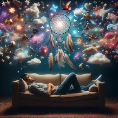 꿈속의 이미지들이 화려하게 떠오르는 장면, 여러 별과 구름이 떠 있는 신비로운 분위기.