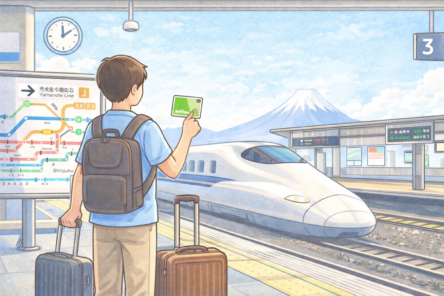 일본기차역에서 탑승을 기다리는 여행객 모습