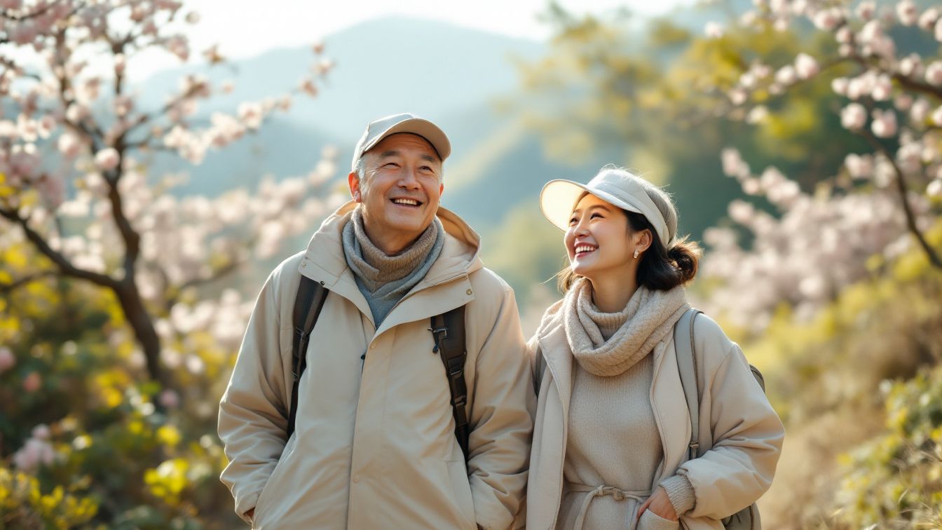 Korean senior couple in their 60s smiling while hiking on a scenic mountain trail, representing a happy retirement life with national pension benefits.