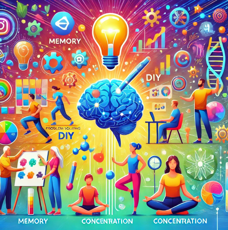기억력 , 집중력 , 문제 해결을 위한 DIY 활동을 보여주는 그림입니다 . 전구와 퍼즐 조각 같은 상징으로 둘러싸여 퍼즐 , 마음챙김 , 기억력 훈련에 참여하는 개인을 강조하며 정신적 자극과 인지적 성장을 강조합니다 .