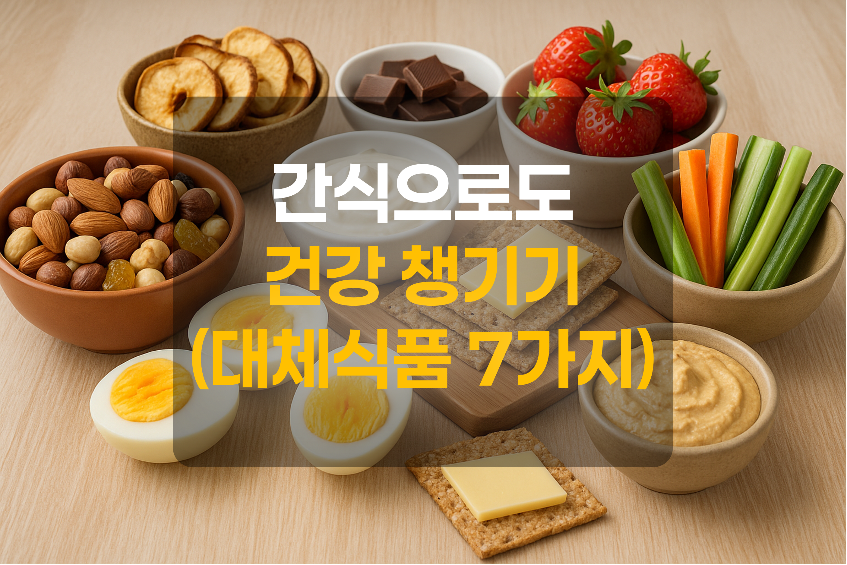 간식으로 건강을 챙길수 있는 7가지 식품을 이미지화 한 그림