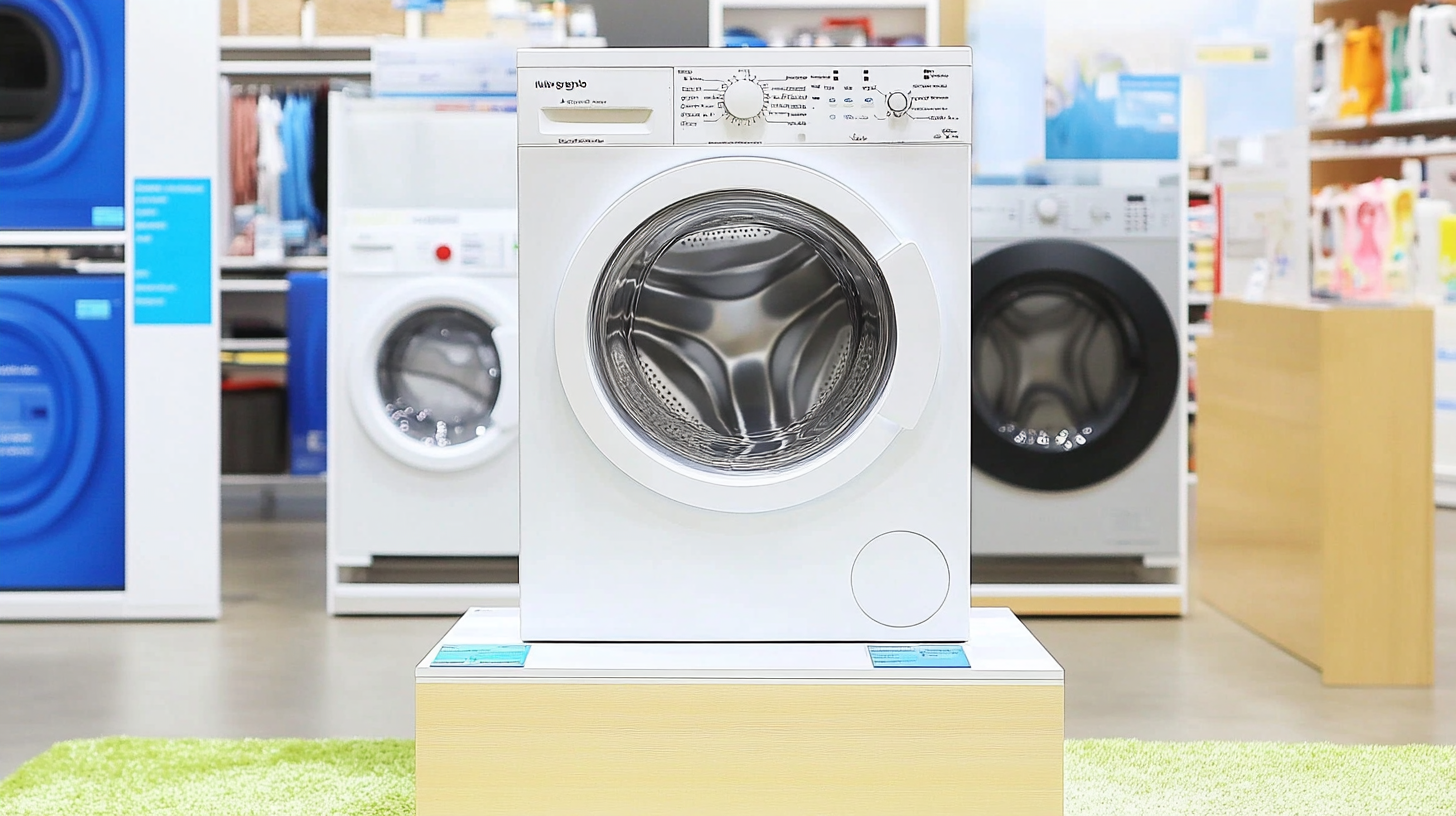 매장에서 고급형과 보급형 세탁기가 대조되게 진열된 모습, 고객을 위한 다양한 선택지를 보여주는 시각적으로 매력적인 전시.