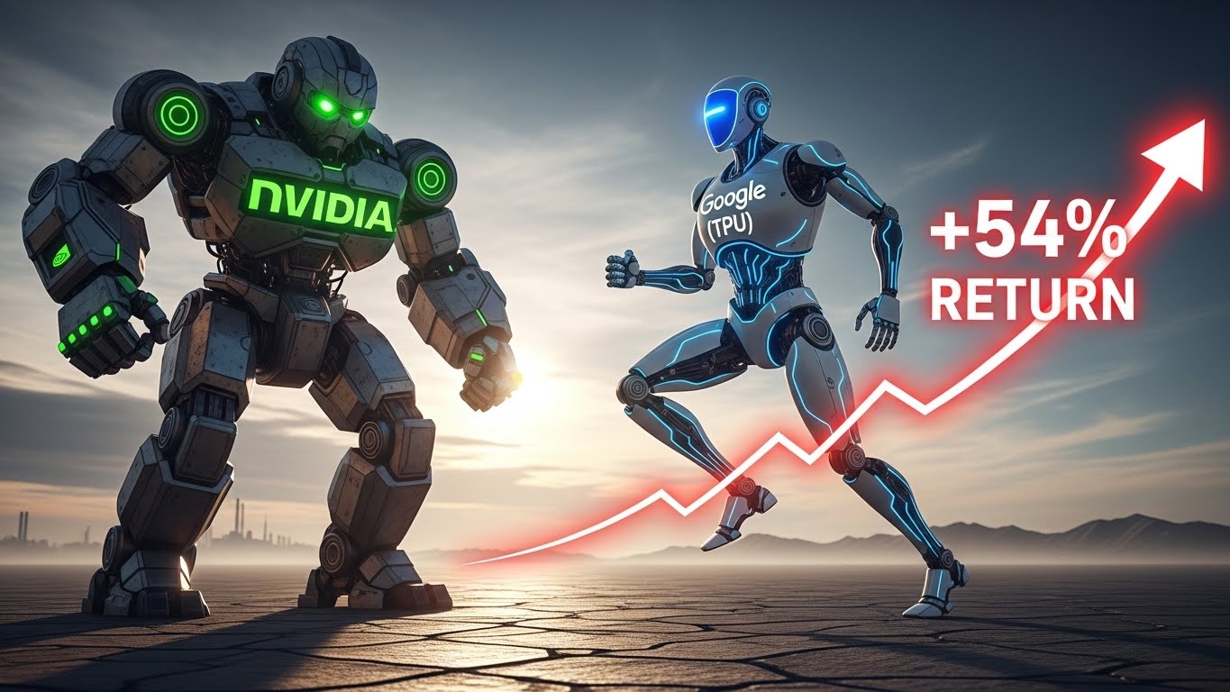 엔비디아(GPU)와 대등하게 맞서 싸우기 위해 무장하고 있는 구글(TPU) 로봇 캐릭터와 급상승하는 수익률 그래프