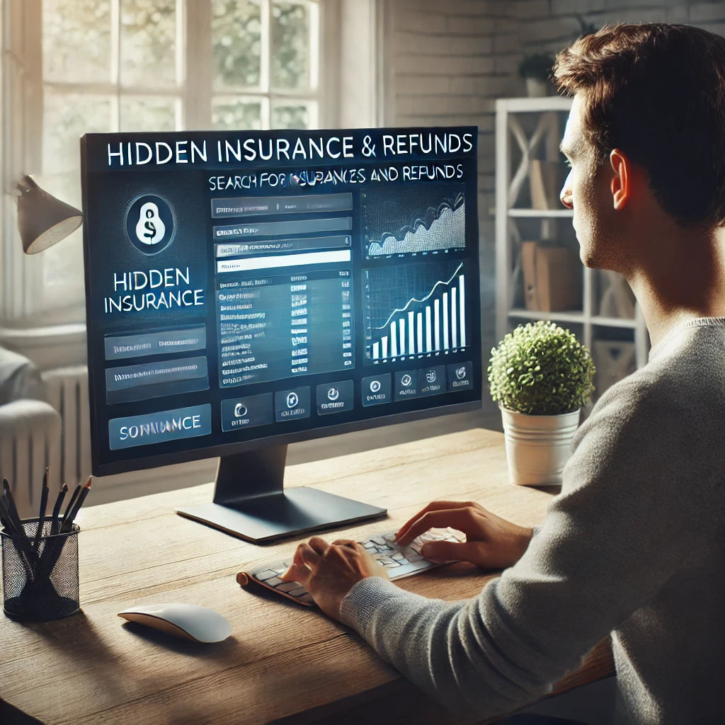 컴퓨터 앞에 앉아 숨겨진 보험금과 환급금을 검색하는 사람, 화면에는 보험 포털 인터페이스와 그래프, 리스트가 표시되고, 집에서 편안하고 밝은 사무 환경이 연출됨