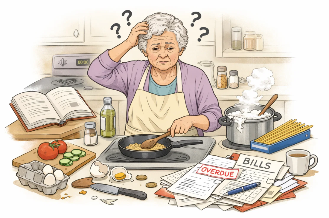 요리 순서와 계산이 헷갈려 혼란을 겪는 노인의 모습으로 전두엽 기능 저하를 표현한 장면