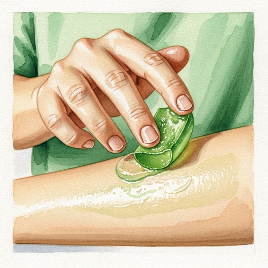 자극받은 피부에 진정 젤을 바르는 부드러운 장면