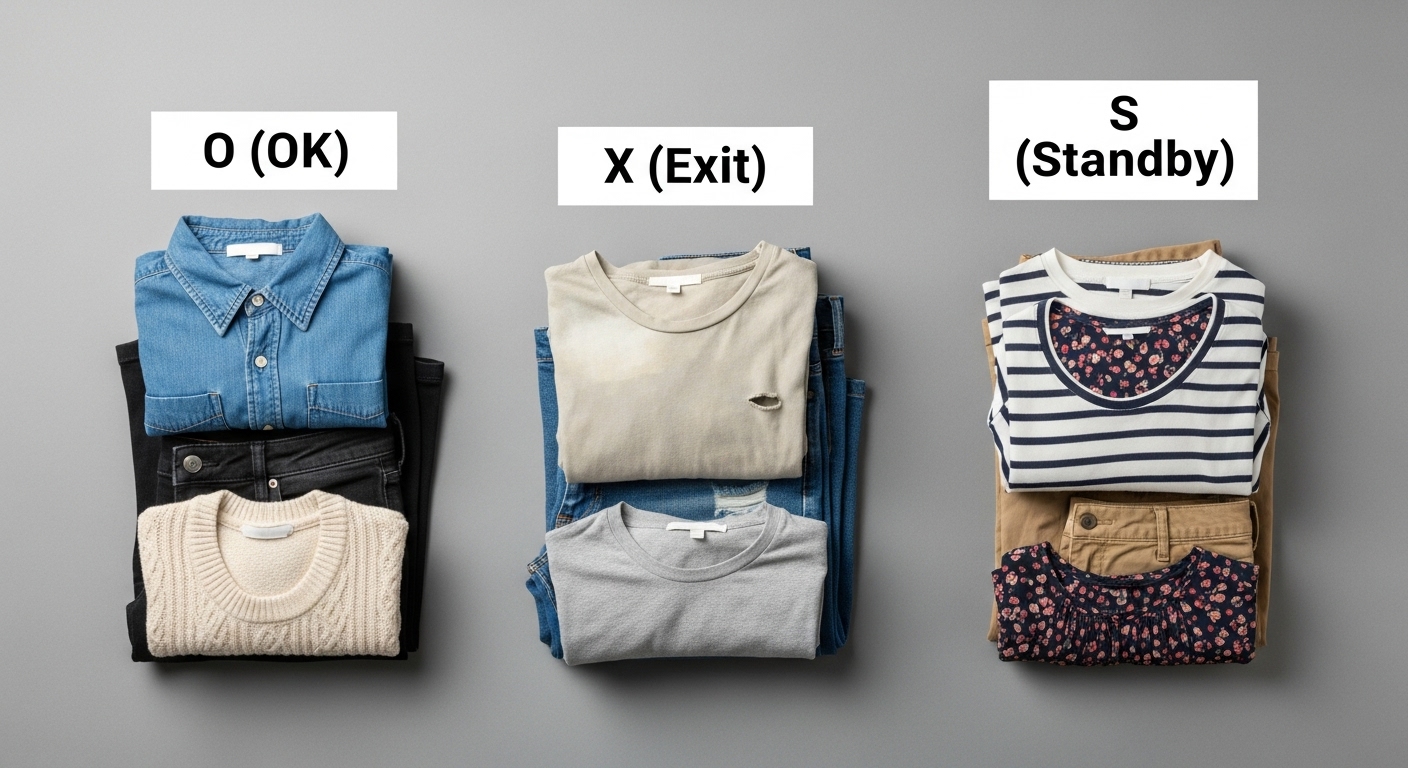 O, X, S 세 가지 기준으로 분류되어 있는 옷 더미들