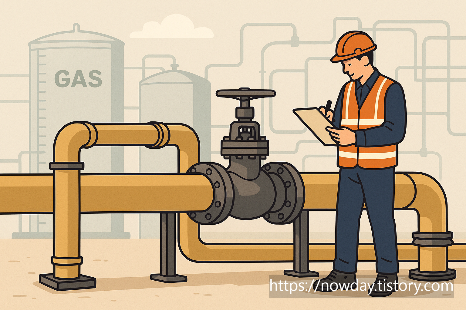 Illustration of industrial pipe installation process in a factory setting