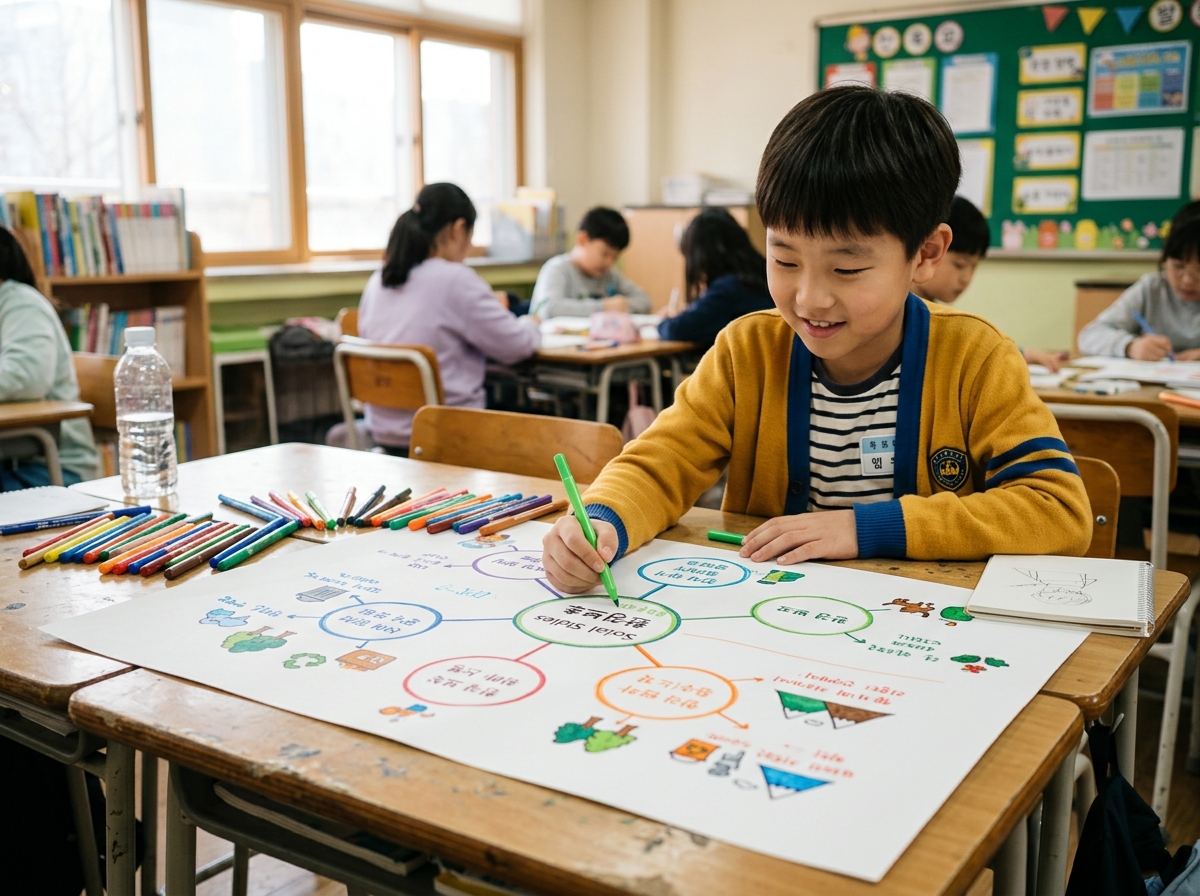 초등학생이 사회 개념 마인드맵을 직접 그리는 모습