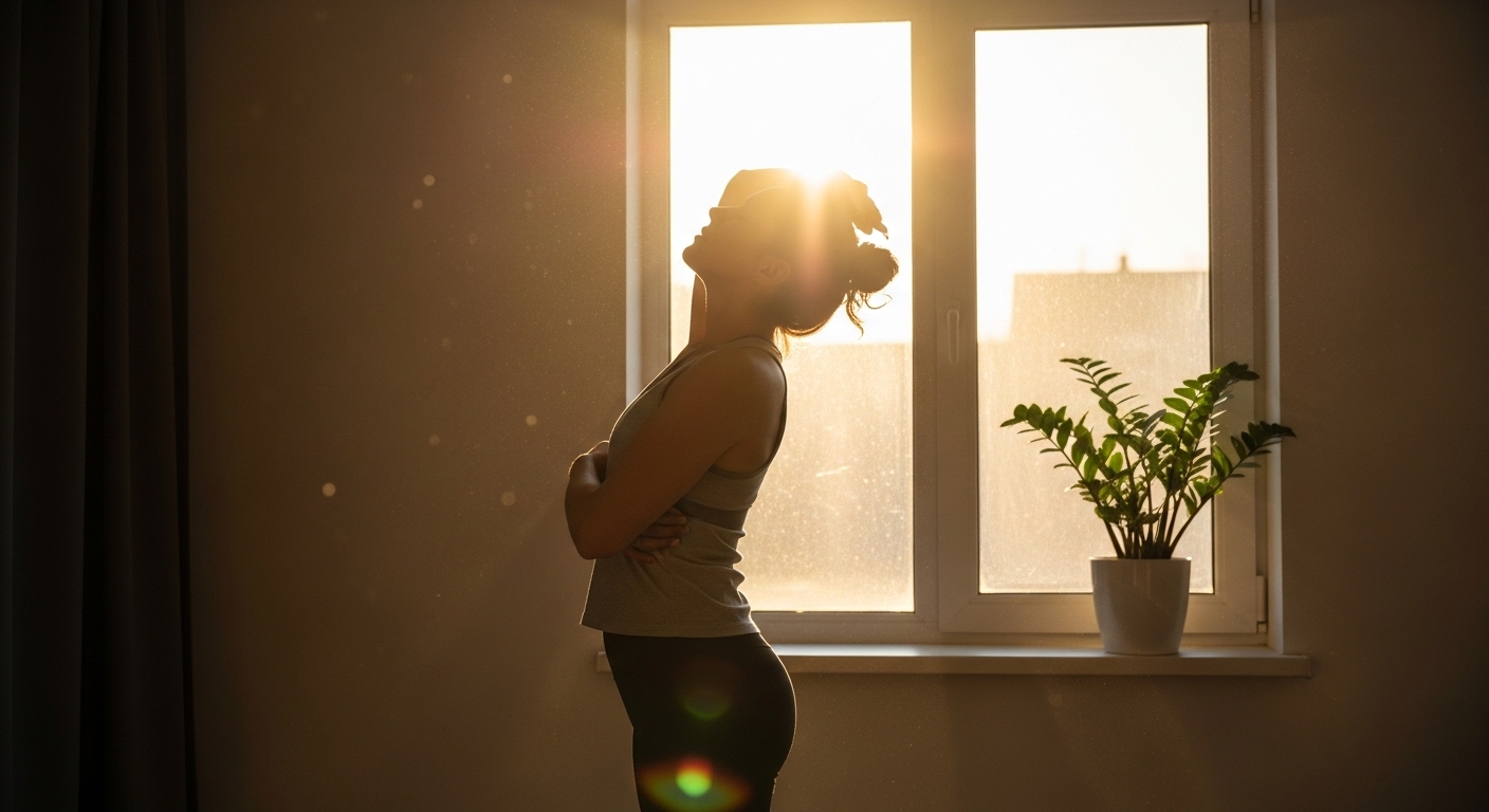 아침 햇살을 맞으며 스트레칭을 하는 사람의 모습. 규칙적인 기상과 낮 동안의 활동이 숙면에 미치는 긍정적인 영향을 표현합니다.